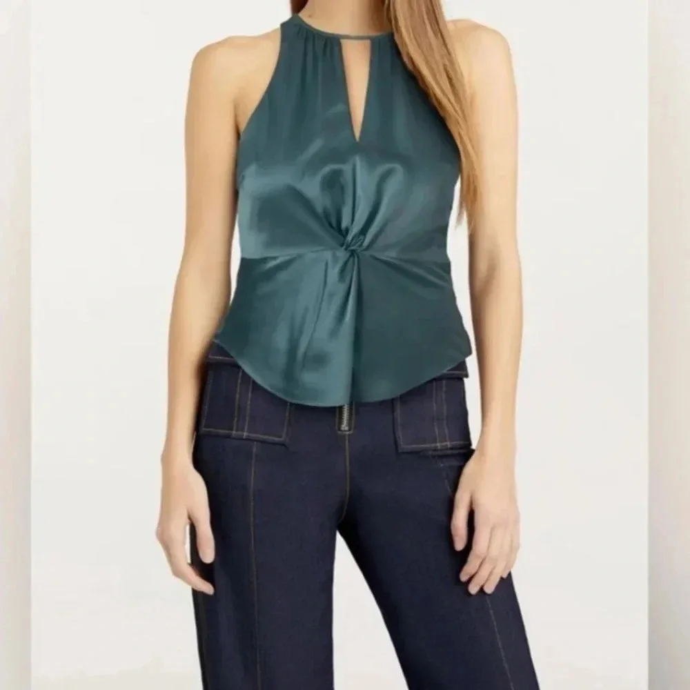CINQ À SEPT Amari Twist Front Cutout Silk Top - Picture 1 of 6